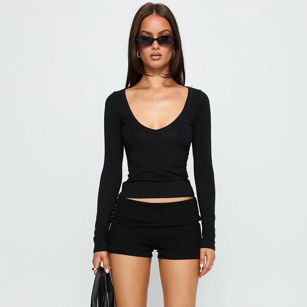 

Women Sexy V Neck Ruched Long Sleeve Tops 2025 Casual Basic Slim Fit Pleated Athletic Going Out Pullover Tee Top S чёрный