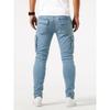 Pantaloni Cargo in Denim Skinny Azzurro Chiaro da Uomo Multi Tasche Elasticizzati Casual