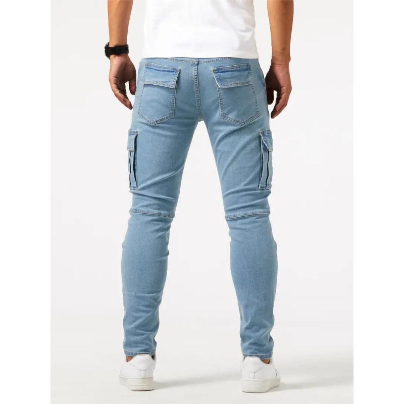 Pantaloni Cargo in Denim Skinny Azzurro Chiaro da Uomo Multi Tasche Elasticizzati Casual