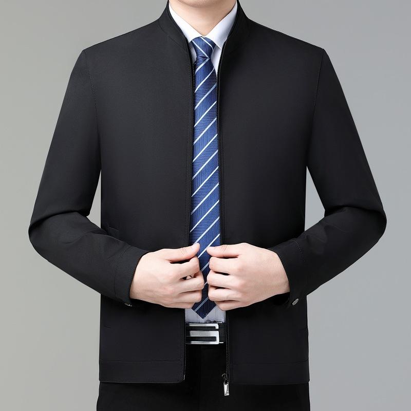 Spring and Autumn Stand Collar Jacket Men's Mulberry Silk Thin Top Middle-aged Dad Clothes Civil Servants and Leading Cadres Jackets