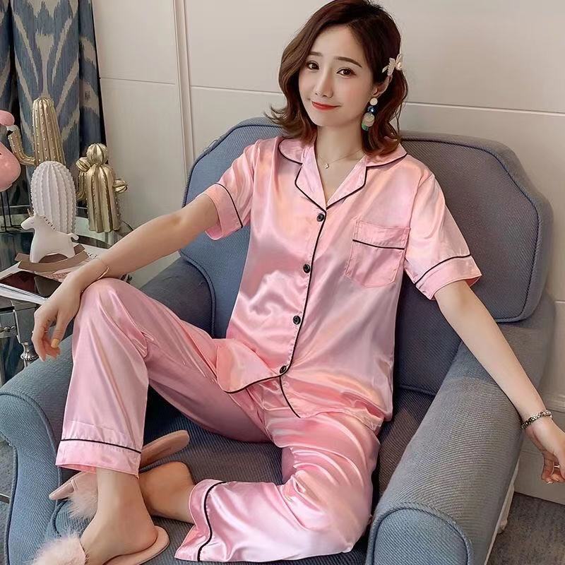 Solid color ice silk pajamas women's long-sleeved cardigan simulation silk spring summer loungewear women's autumn suit breathable