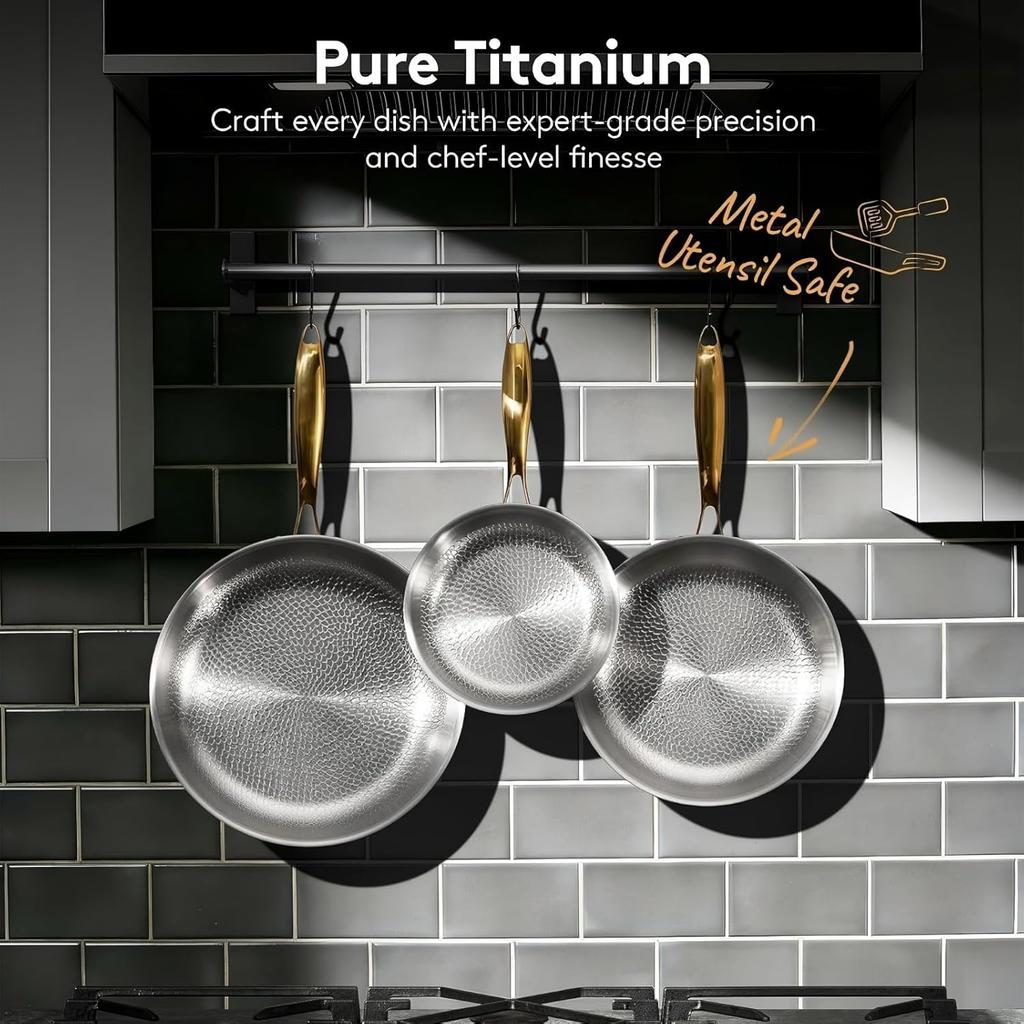 12 Inch Hammered Titanium Frying Pan Pure Titanium Skillet With Lid Oven & Dishwasher Safe Cookware