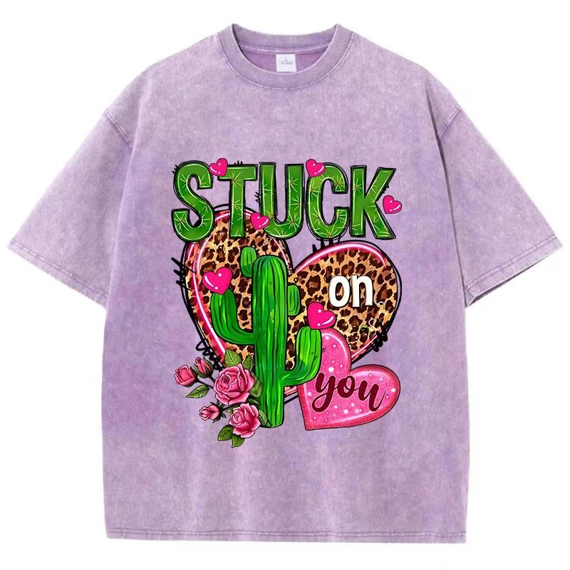 Street Woman Washed T-Shirts Stuck On You Leopard Heart Print Short Sleeve Crewneck Cotton Oversize Tops Summer Female Clothes S разноцветный