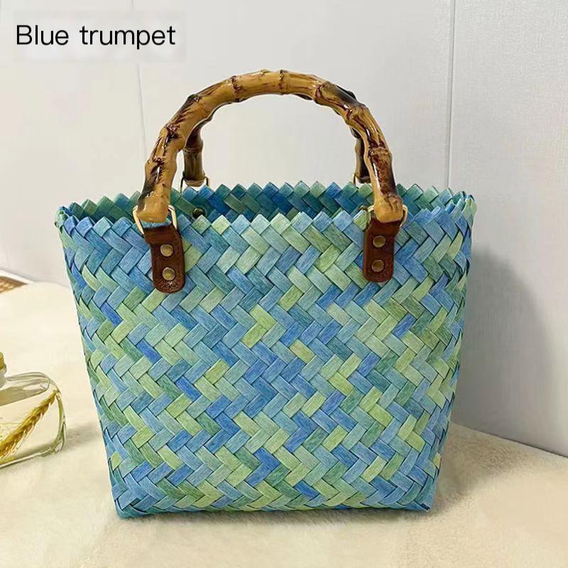 

Newest Wicker Woven Handbag Straw Bag Summer Vintage Beach Bag Hand-Woven Bamboo Basket Lady Leisure Straw Large Capacity Bags
