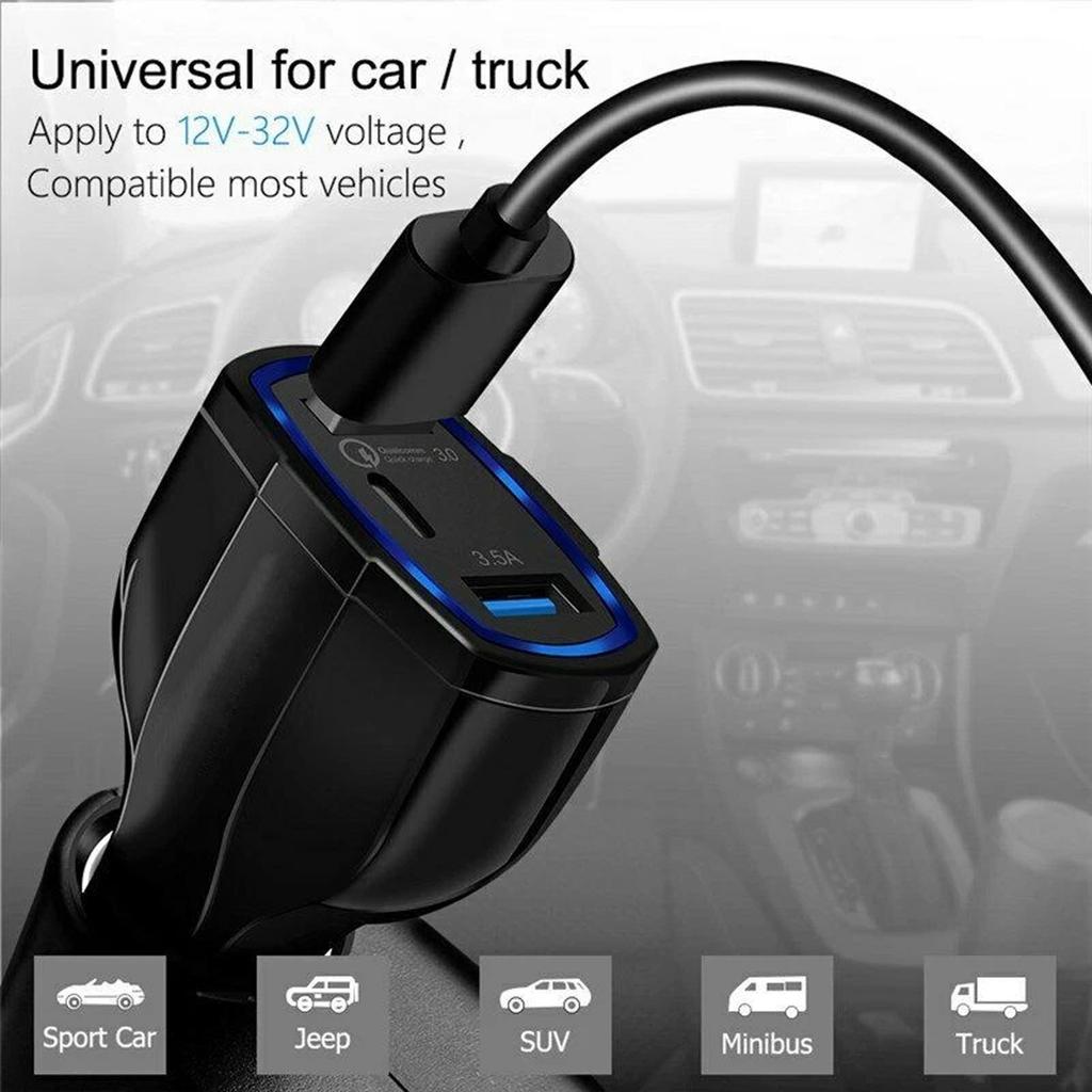 Smart Car Charger With Three USB QC 3.0 Type C Fast Charging Heads