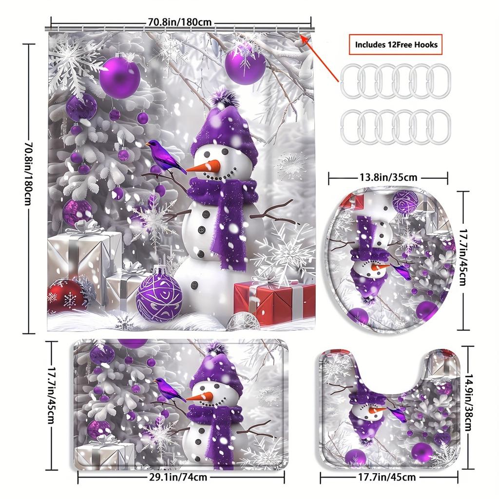 4Pcs Bathroom Shower Curtain Set Purple Snowman Bathroom Curtain With 12 Hooks Non Slip Rugs Toilet Cover Mat Bathroom Partition