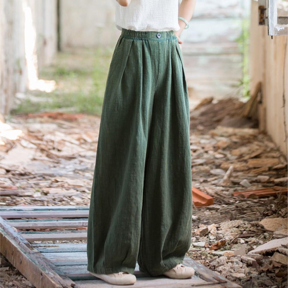 Johnature Women Vintage Harem Pants Summer Chinese Style Solid Color Trousers Elastic Waist Long Pants