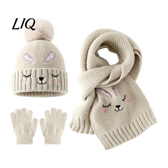 Thermal Winter Accessories for Boys Girls Hat Gloves Scarf Set Kids, Warm Knitted Pompom Hat, Cute Outings Bunny Embroidery, Cozy Ages 2 to 6 Gift