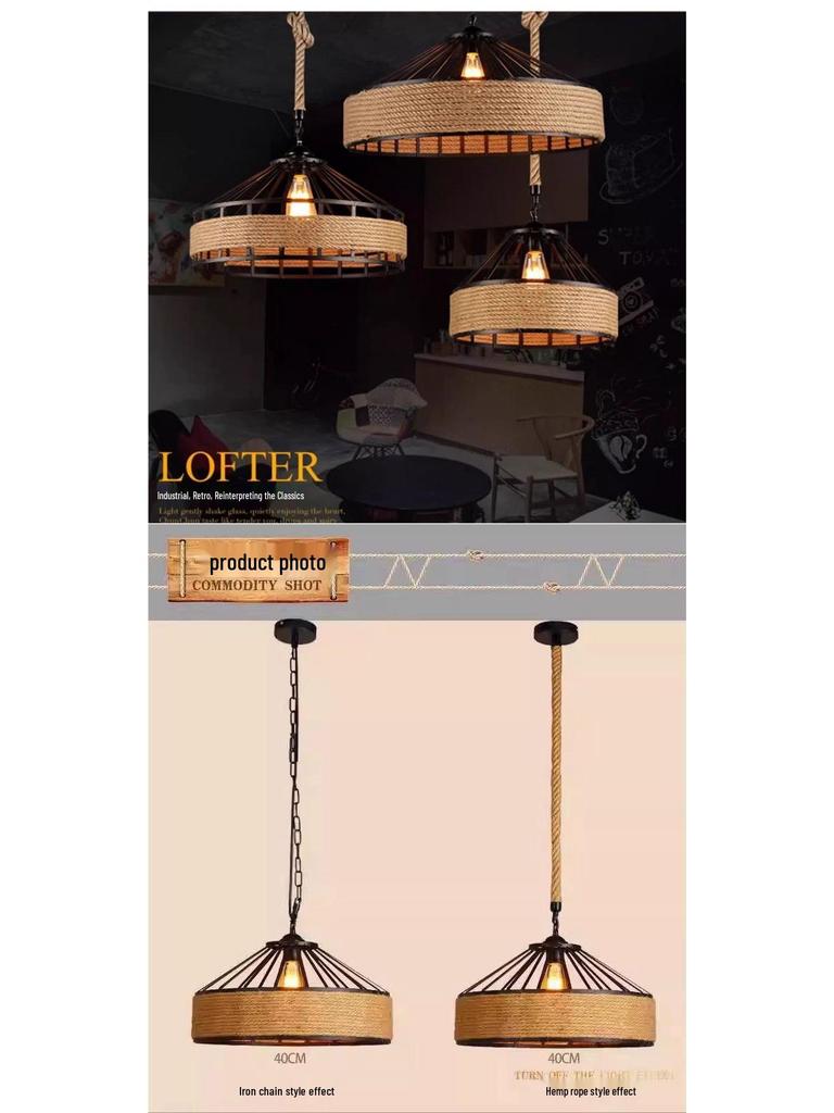 Retro Wrought Iron Pendant Light – Hemp Rope Design for Clothing Stores, Cafes, Restaurants, and Bars