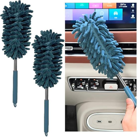 2PCS Car Interior Duster with Extension Pole, 11.8" to 30.5" Retractable Dusters Auto Dash Cleaning Tool, Soft Chenille Hand Washable Dusters for Car