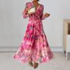 Vestido de Noite Feminino Estampado Colorido Estilo Boho Patchwork Chiffon Decote V Amarração na Cintura Mangas Bufantes Plissado