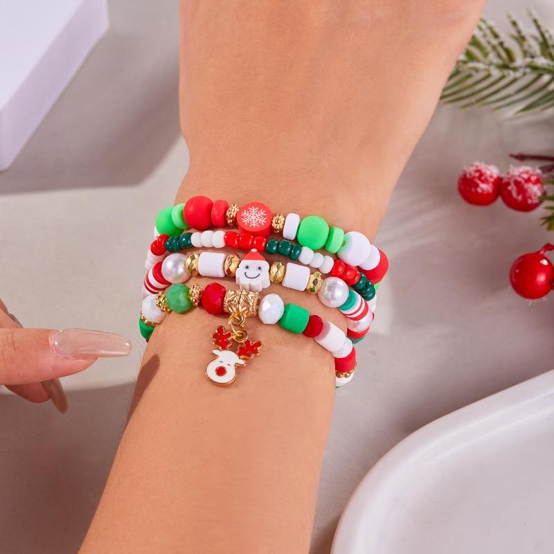 Christmas Day Color Acrylic Diamond Snowflake Bell Elastic Beaded Bracelet Christmas Set