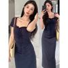 Female Summer Small Hot Girl Slim Waist Slim Dark Blue Dress Pure Desire Little Mother Wind Hip Fish Tail Dress