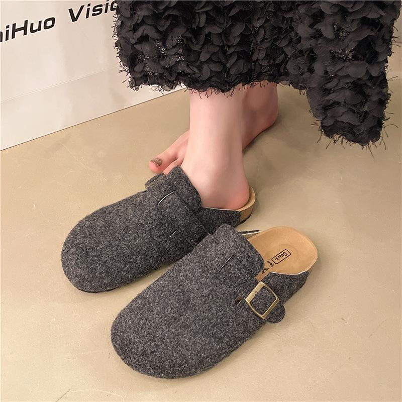 Platform-soled Birkenstock Shoes, Woolen Bag Head, Half Slippers, Women's Outer Wear 2025 Spring and Autumn New Belt Buckle Slippers