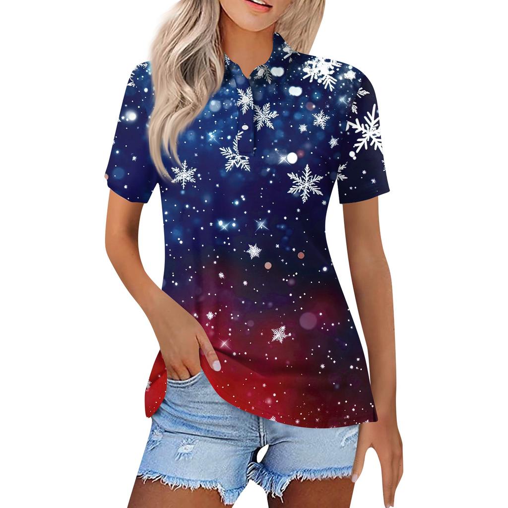 Women's Fashion Casual Lapel Short Sleeve Christmas Print Shirt Women's Button Up Tops