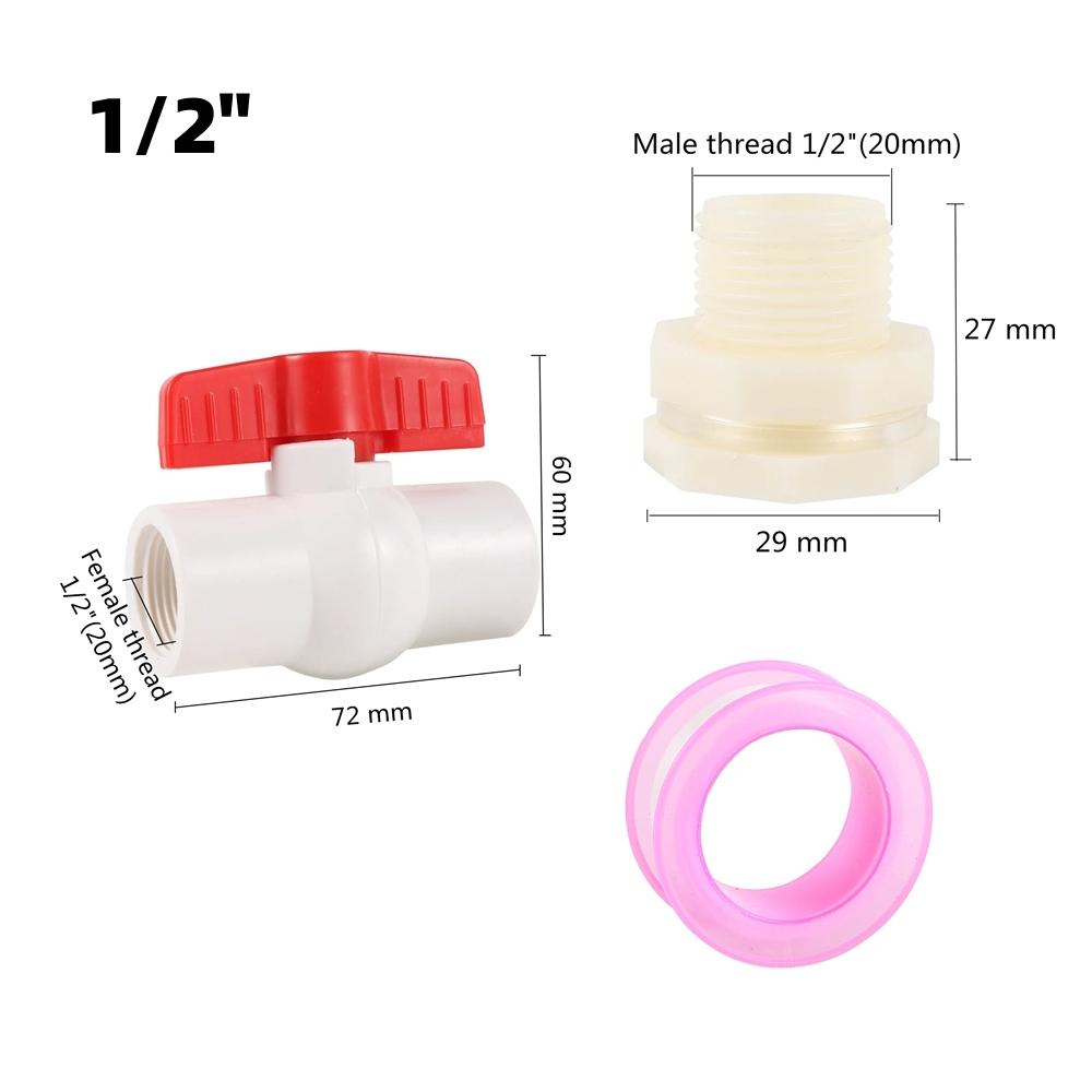 1/2" 3/4" Garden Irrigation Tools Female Thread Ball Valve with Male Thread PVC Connector and Waterstop Tape Water Tank Fittings