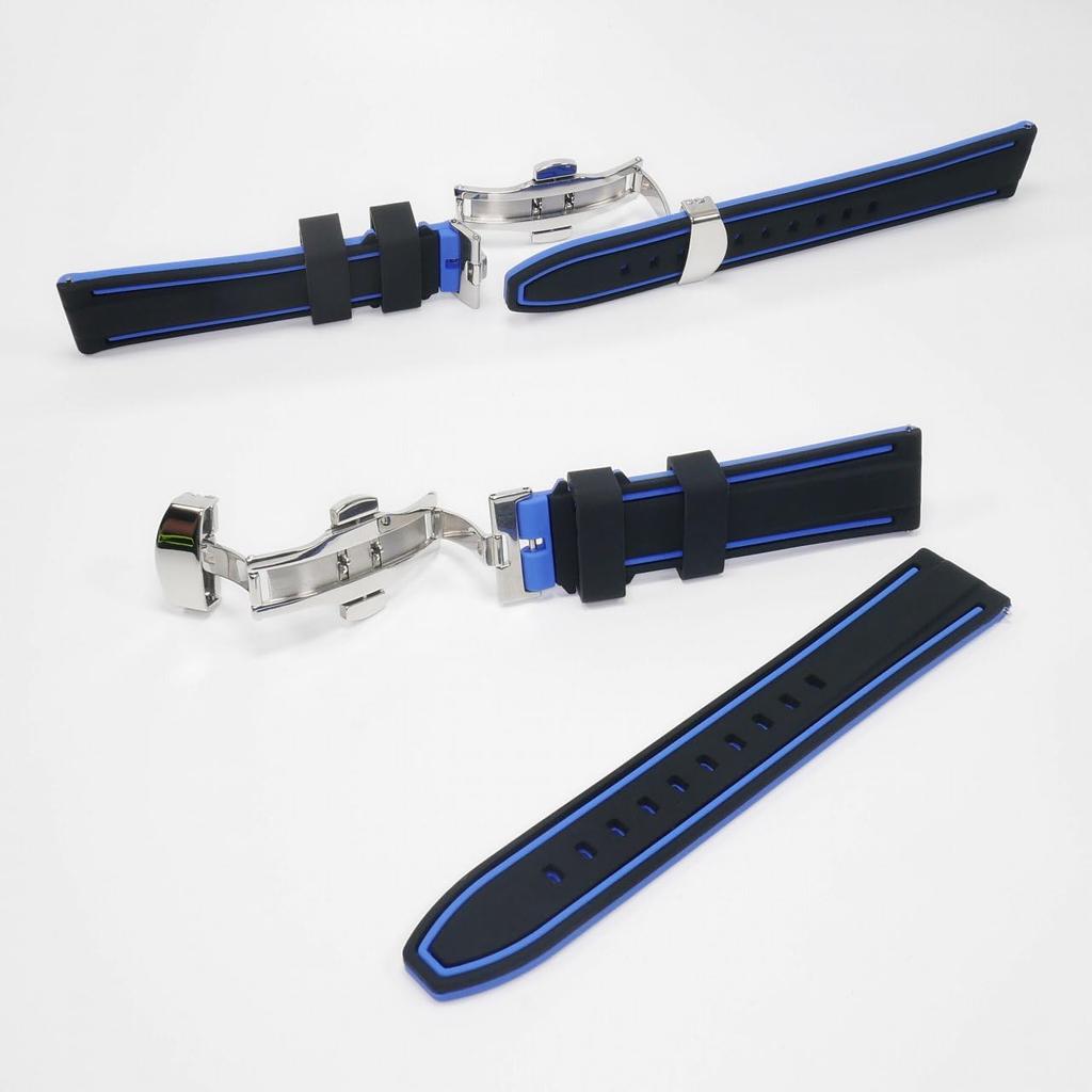 Swatch X Omega Compatible Rubber Strap with Type D-buckle, Double-line (black/blue Lines)