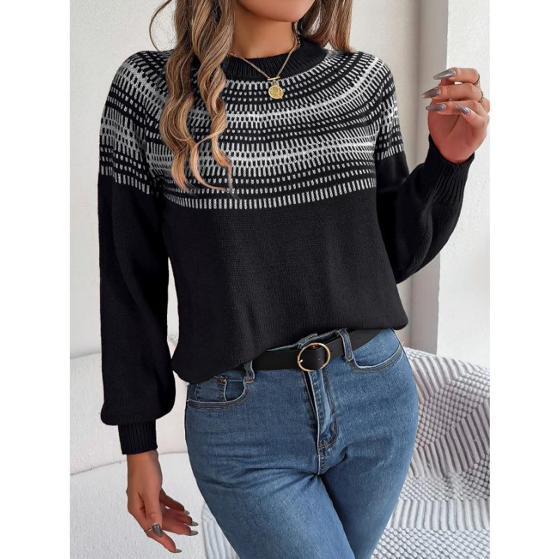 Women's Autumn-winter Vintage Color Contrast Striped Long-sleeved Pullover Sweater