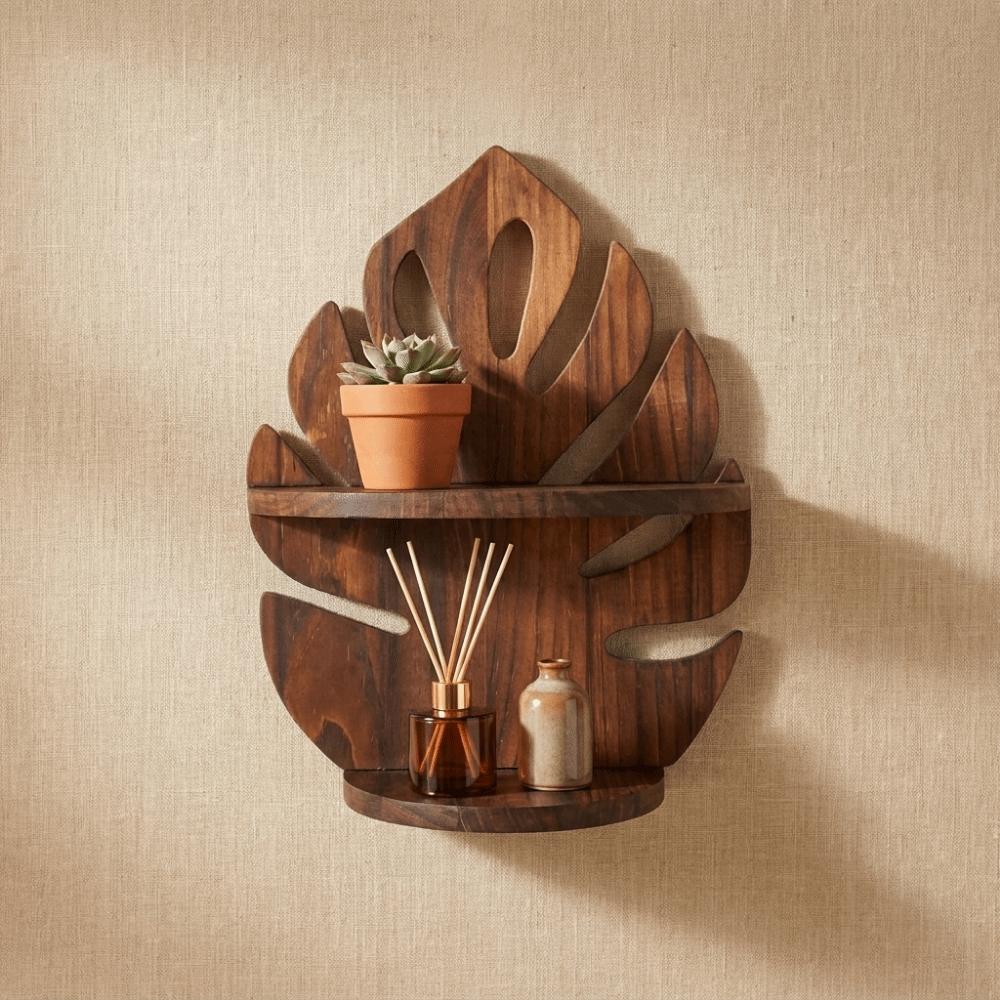 Decorative Wooden Monstera Shelf Rustic Photo Frame Storage Rack Wood Display Shelf Office