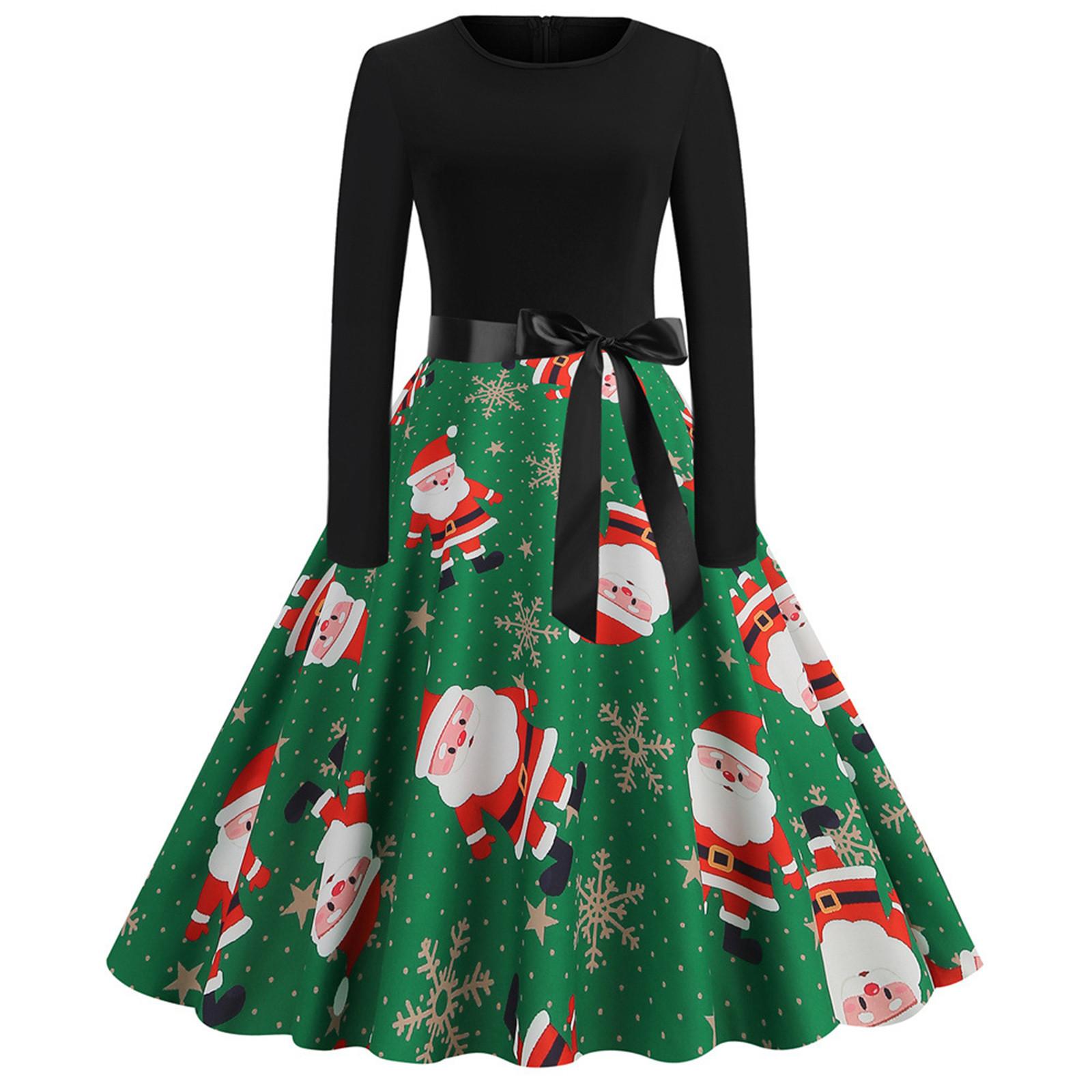 Women s Fashion Christmas Casual Slim Print Hem Long Sleeve Dress XL зелёный