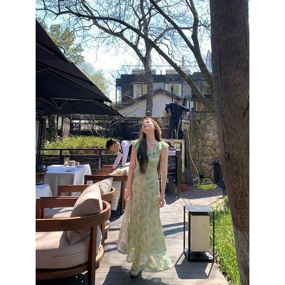 Green ruffle leaf edge floral dress for children's leisure summer new holiday style temperament dress