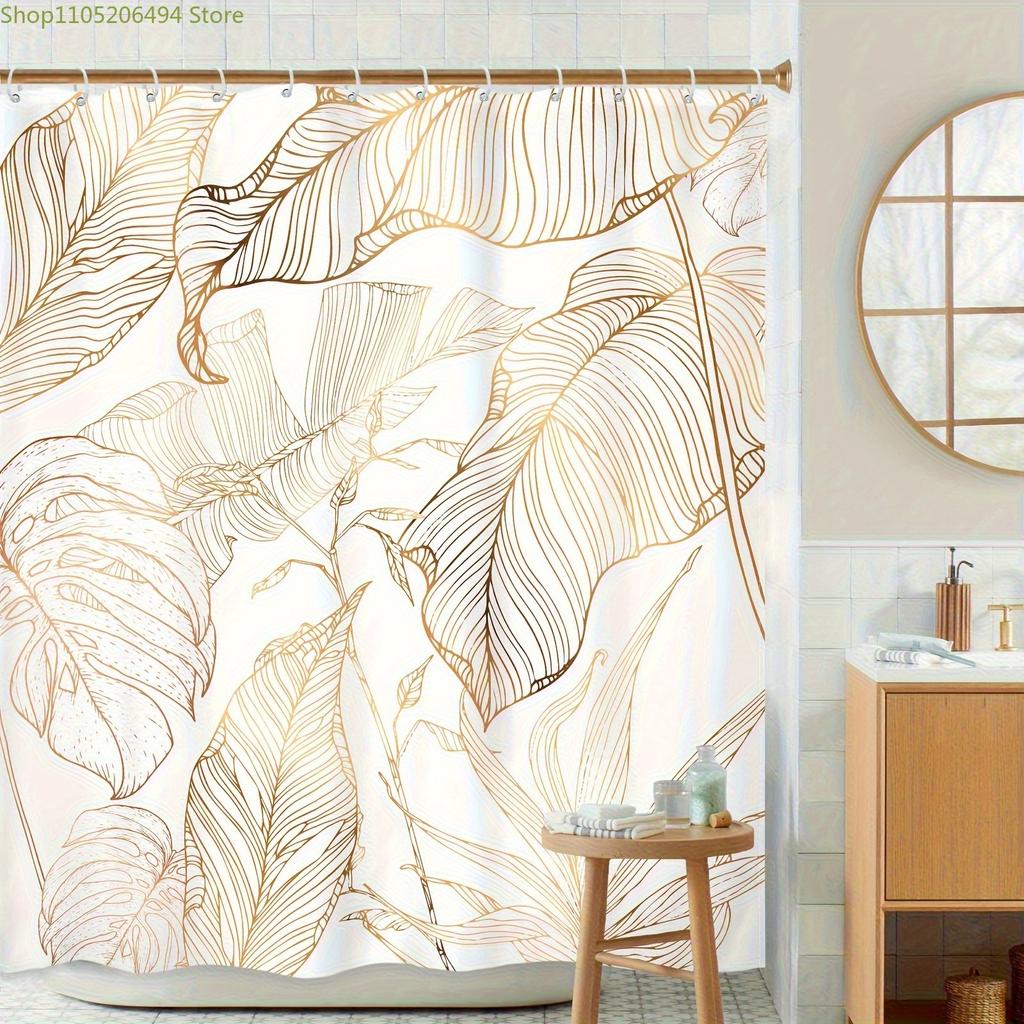 1pc Tropical Leaf Print Shower Curtain - Golden & White Polyester, No-Drill Hanging, Machine Washable, Elegant Bathroom Decor