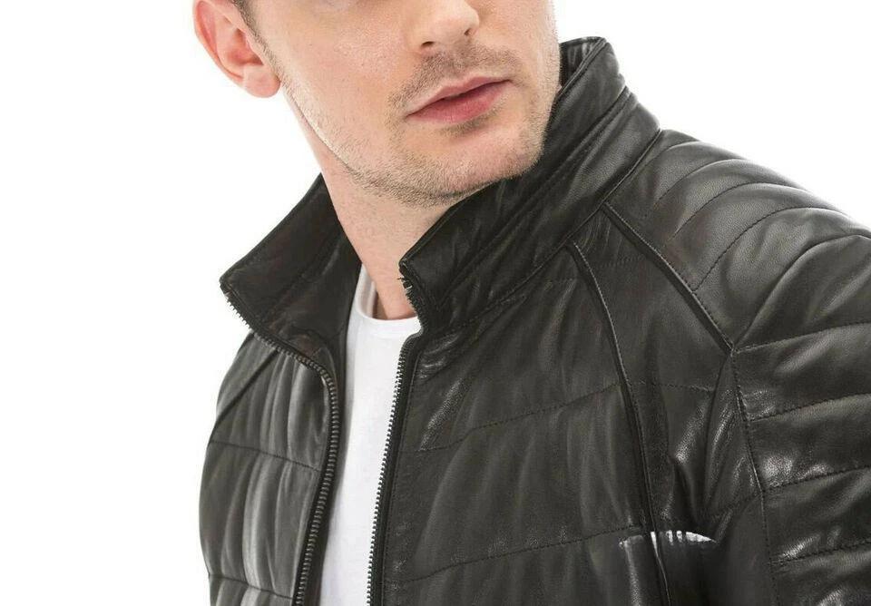 Stylish Men's Genuine Lambskin Leather Jacket Puffer Black Full Quilted Zipper