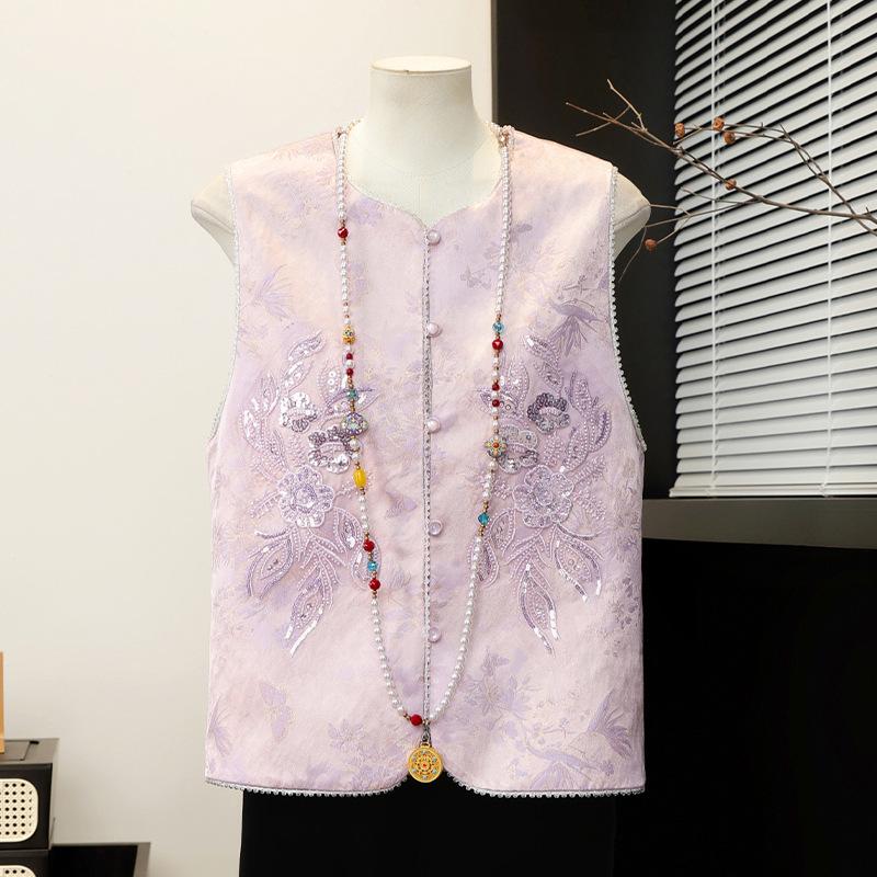 Elegant Spring Vest & Sleeveless Jacket Set with Chinese Embroidery for Mature Women 4XL (130-145 jin)