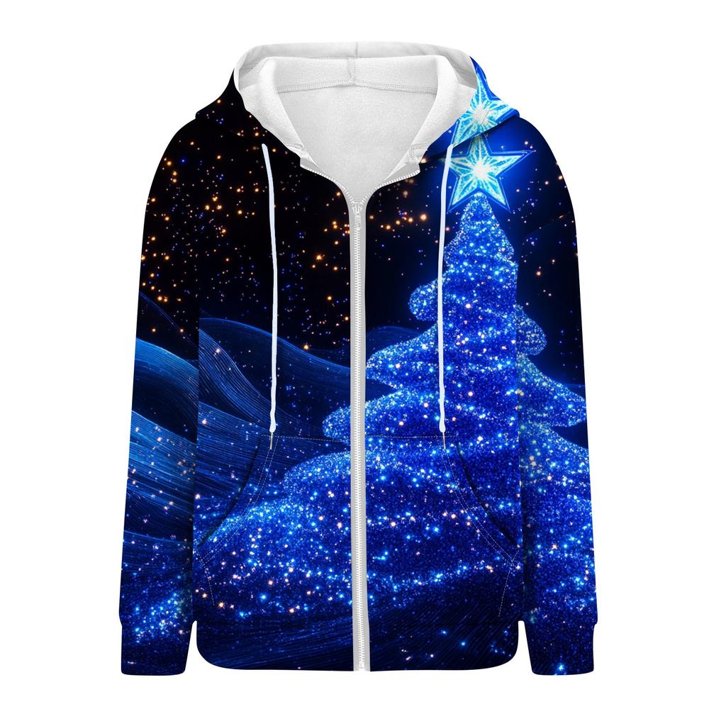 Women's Christmas Printed Sweatshirt  Winter Long Sleeve Cardigan Jacket With Pockets Zipper Hoodie Outerwear