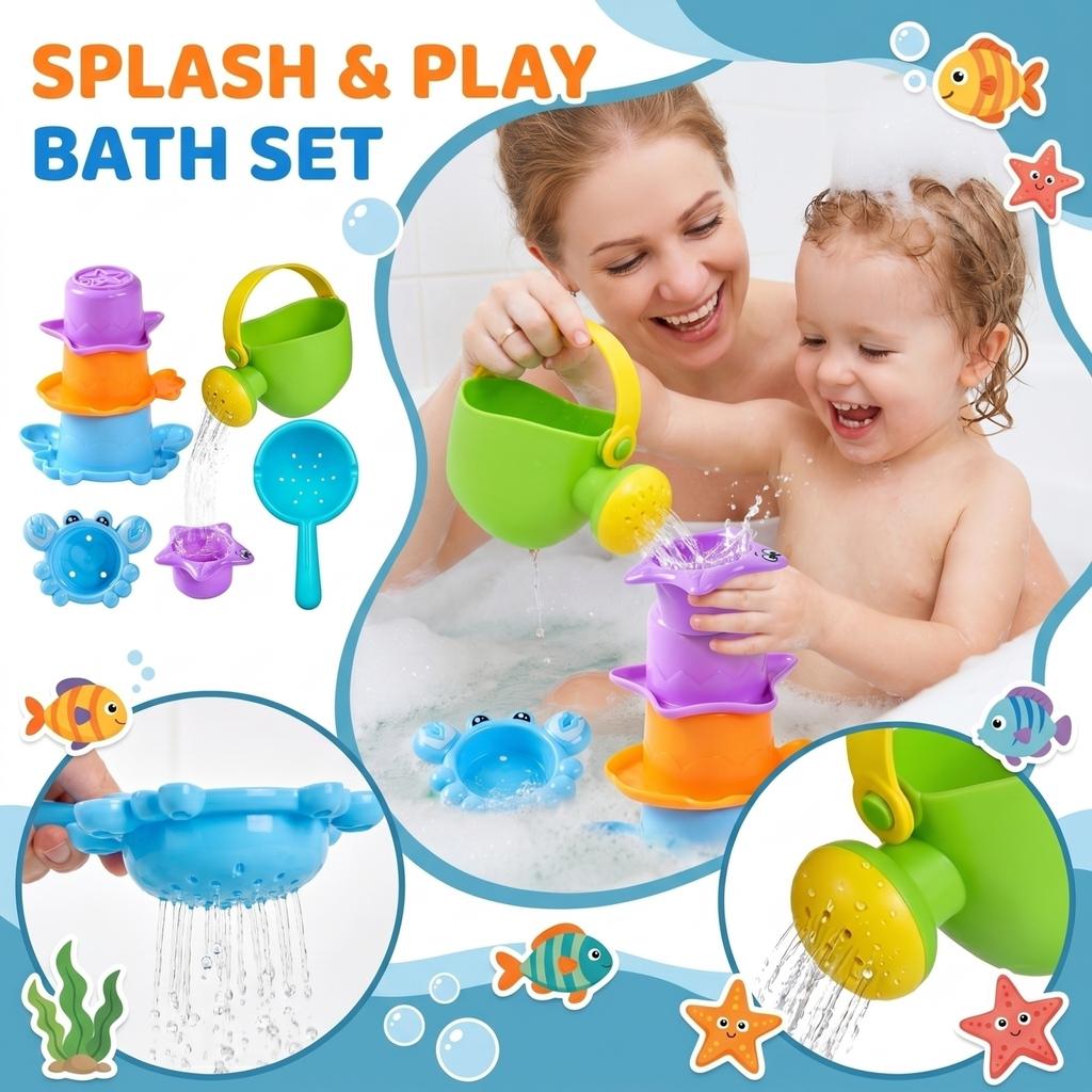 Watering Can and Stacking Cups Bath Toy Set 5 Pieces for Kids Durable Plastic Water Play Set for Indoor and Outdoor Use