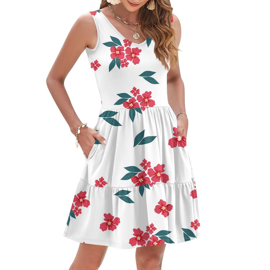 Damen Sommer Mode Lässig V-Ausschnitt Plissee Steppnaht Kleiner Blumendruck Ärmellos Westenkleid Mit Taschen