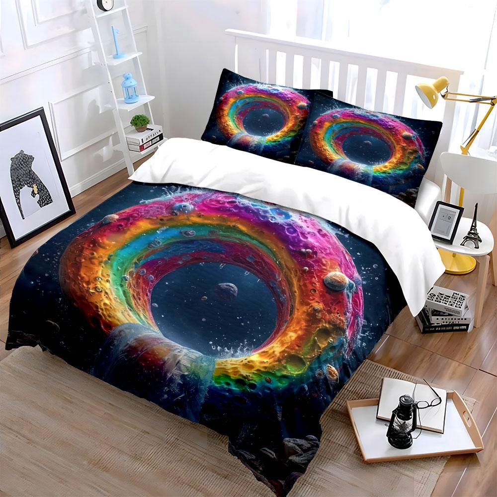 Colorful Space-Themed Three-Piece Decor Soft Skin-Friendly Bedding Set Includes 1 Duvet Cover And 2 Pillowcase Gift