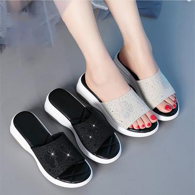 Fashion 2024 Woman Slippers Summer Platform Wedges Peep Toe Rhinestone Slides Solid Casual Outdoor High Heel Anti-slip Shoes