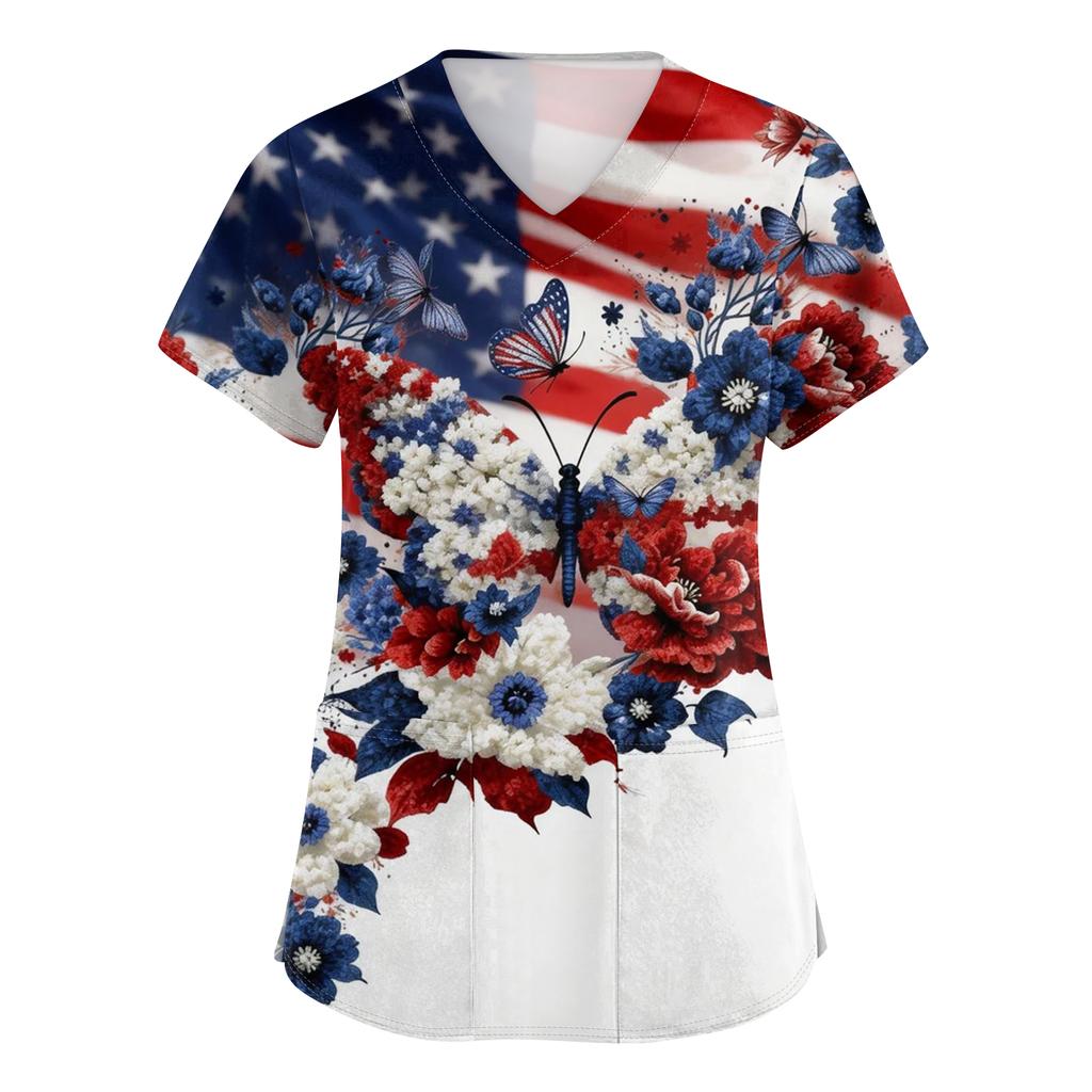 Women's Short-Sleeve Independence Day Print V-Neck Pocket Workwear Top