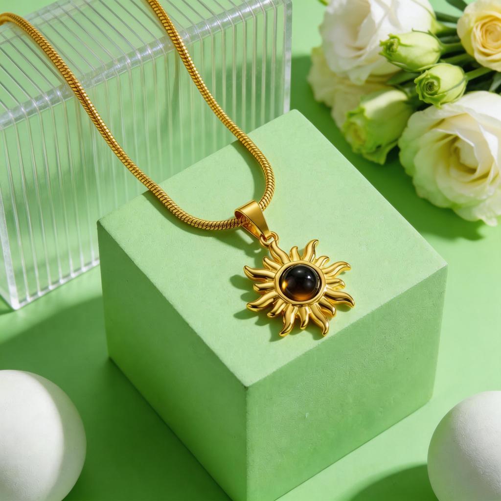 Tiger's Eye Sun Pendant Stainless Steel Necklace for Women Natural Stone Snake Chain Necklaces Fashion Jewelry Gift