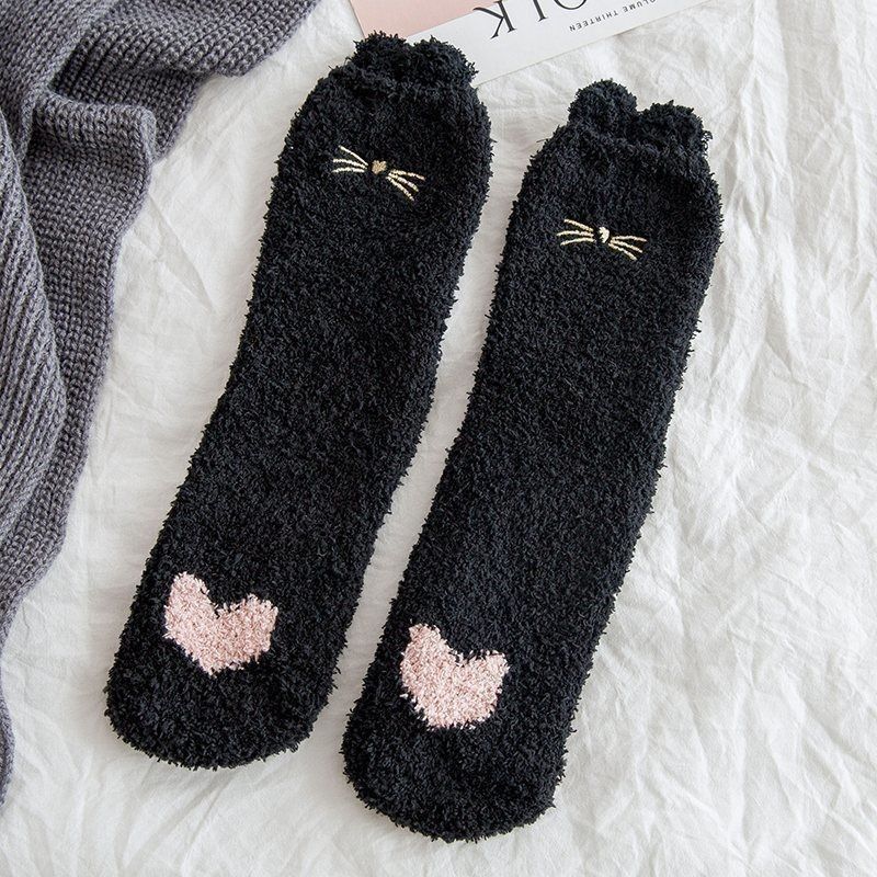 

5PC Winter Funny Animal Cute Fuzzy Socks Women Thick Cartoon Sock Cotton Warm Fluffy Home Floor Hosiery Calcetines House Mujer One Size чорний