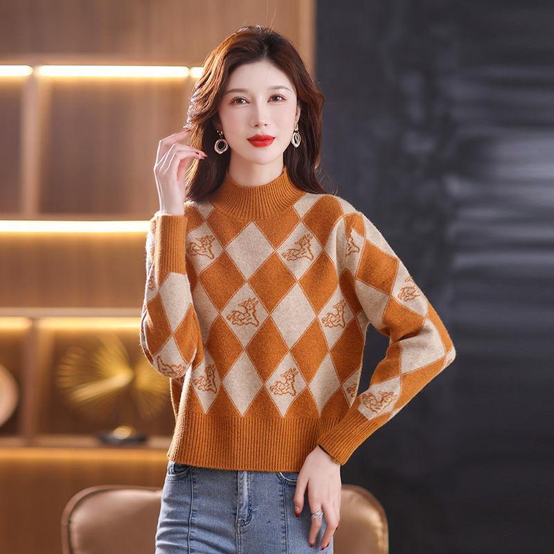 Fall/Winter Vintage Jacquard Sweater Women High Neck Knit Sweater Short Thick Loose Print Knitwear Top Jumper