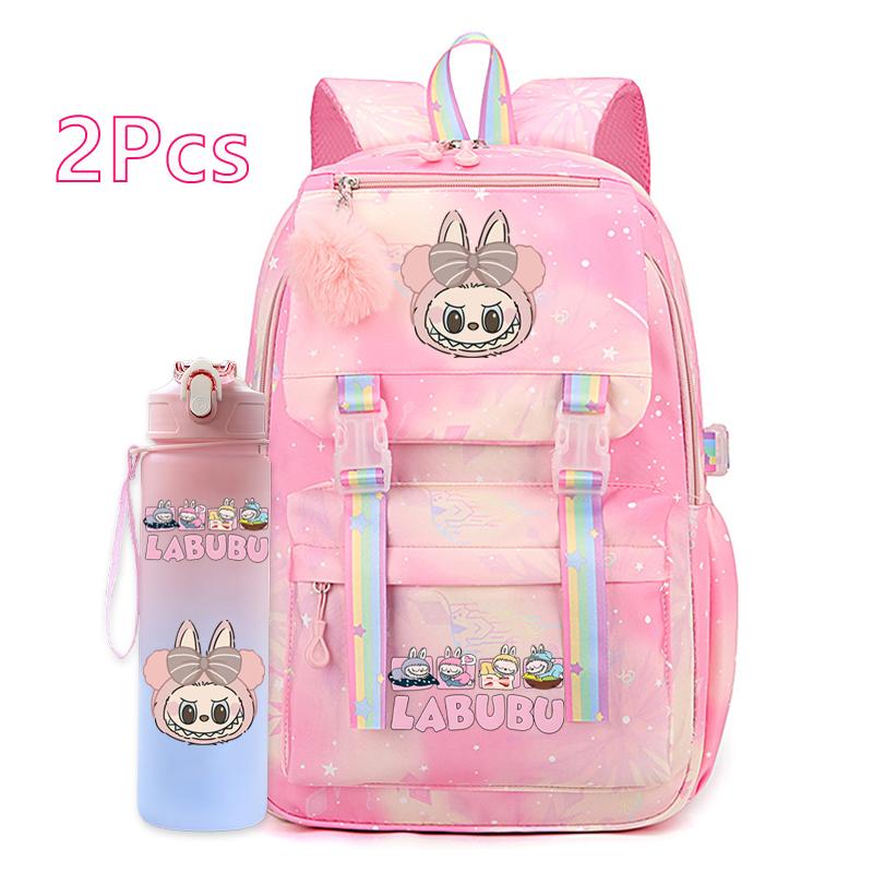 2Pcs/set Cute Cartoon Printed Backpack with 750Ml Outdoor Sports Water Bottle Student Girl Boy Schoolbag Large Capacity Travel Bag Gift