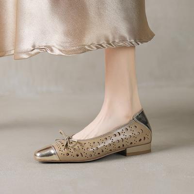 Fashion 2025 New Spring Women Pumps Square Toe Chunky Heel Split Leather Women Shoes Concise Hollow Slip-on Handmade Shoes