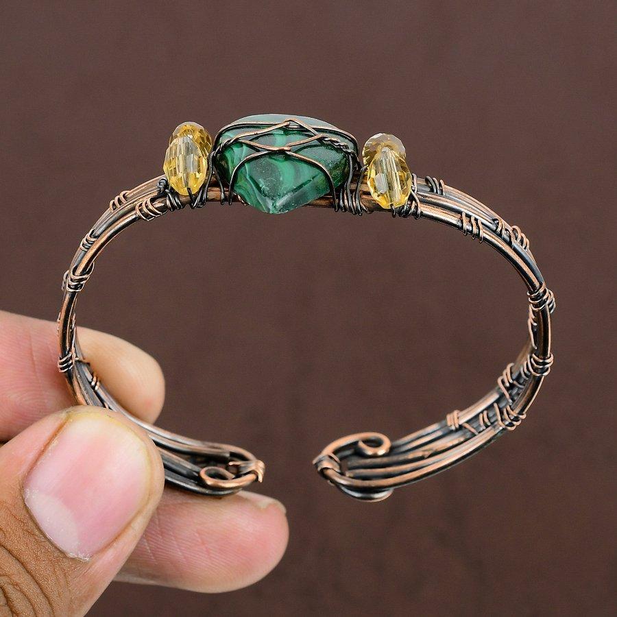 Natural Malachite Gemstone Handmade Copper Wire Wrap Cuff Bangle Adjustable E2z20