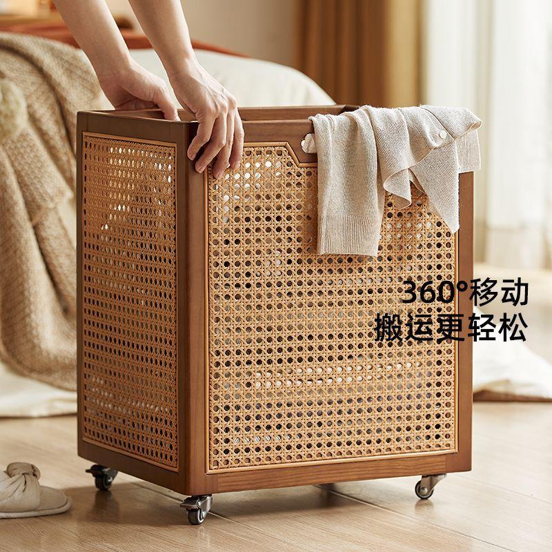 Walnut Color Dirty Clothes Basket Vine Weaving Design Laundry Hamper Toys Storage Bucket Good-looking Laundry Basket with Pulley