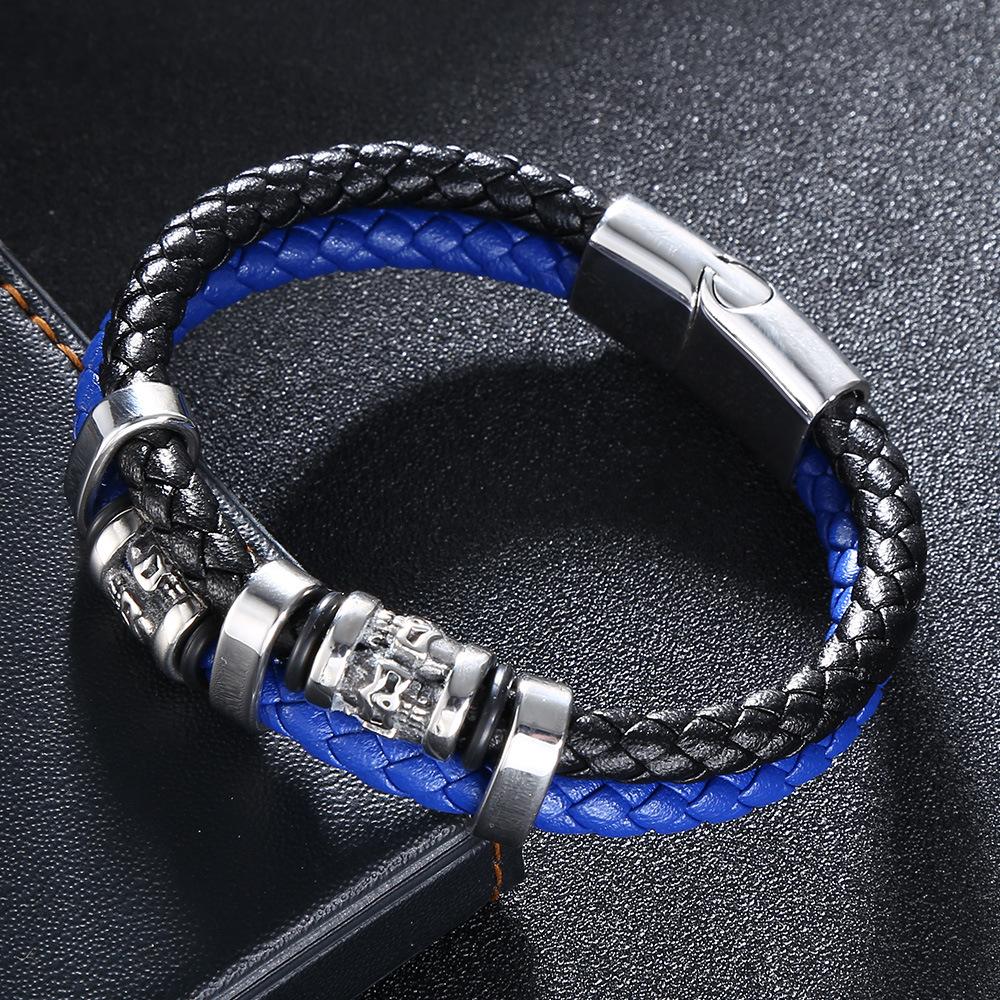 Vintage Skull Multilayer Genuine Leather Bracelet Men Stainless Steel Norse Runes Bangle Jewelry