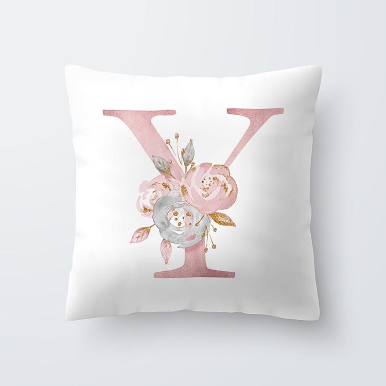 Pink Letter Decorative Floral Pillow Gold Alphabet Cushion for Sofa Polyester Pillowcase Decoration Salon