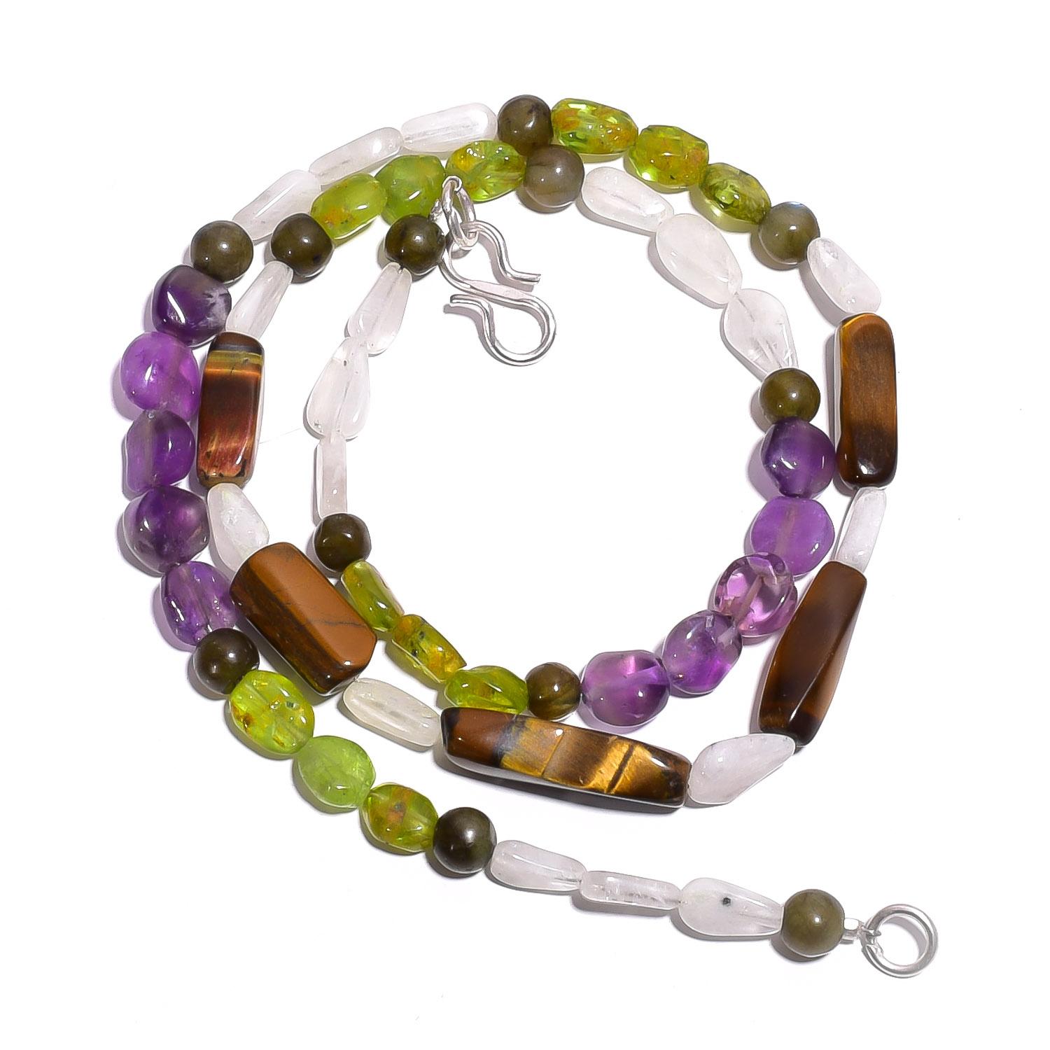 

Natural Amethyst Tiger Eye Peridot Gemstone Smooth Beads Necklace 17 UB-4326 UB-4326