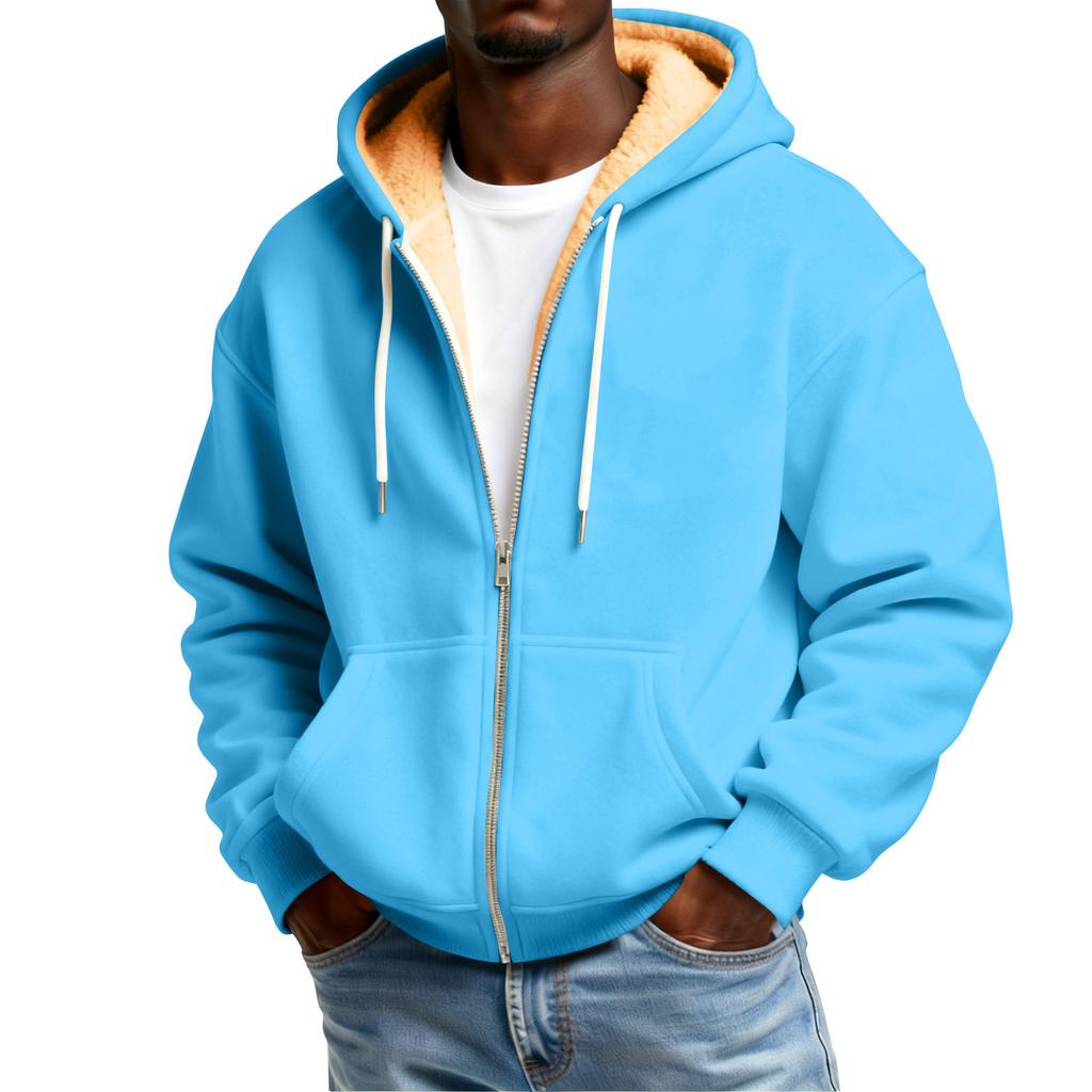 Men's Solid Color Fleece-Lined Zip-Up Pocket Hooded Sweatshirt Cardigan Men's Casual Sweatshirt Cardigan