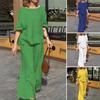 2Pcs/Set Women Casual Outfit O-neck Long Sleeve Tops Elastic Waist Wide Leg Long Pants Set Solid Color Loungewear