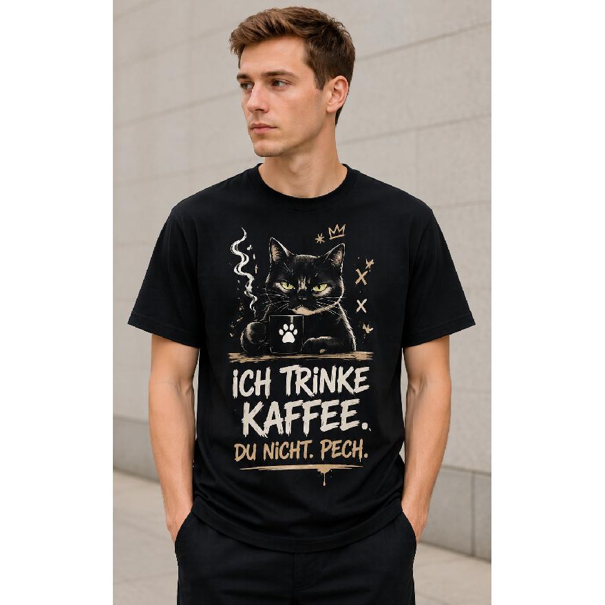 Men's Black Short Sleeve T-Shirt with Funny German Cat Graphic, Crew Neck, Soft Cotton Feel, Casual Wear for Coffee Lovers and Pet Enthusiasts