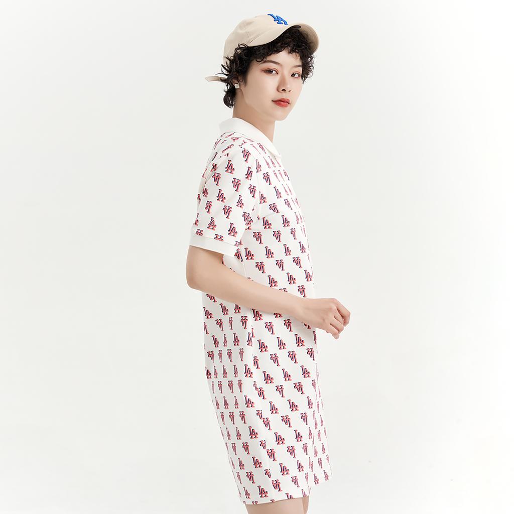 MLB Los Angeles Dodgers Polo Collar Interwoven Letter Mid Waist A-Line Casual Trendy Sports Short Sleeve Dress Women dresses Cream 3FOPM0233-07CRS