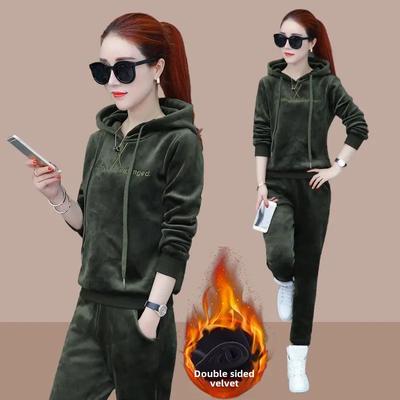 Damen Kapuzenpullover Oberteile Trainingsanzug Hohe Taille Haremshose Knöchellang Hosenanzüge Plüschgefüttertes Outfit Winter Verdickter Samt 2-teiliges Set