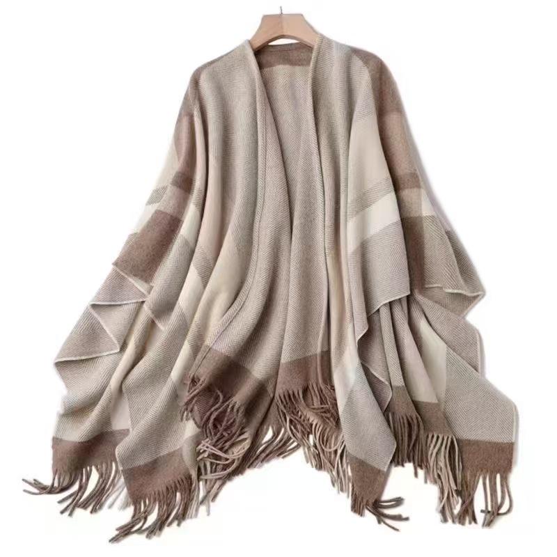 Wool Plaid Shawl Cape: Women's Warm Tassel Scarf for Spring, Autumn, Winter